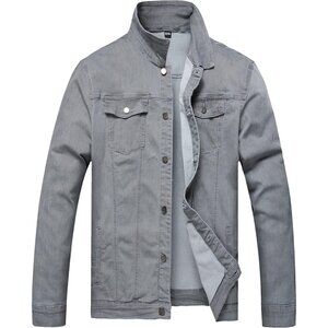 Men's Jean Jacket Distressed Slim Denim Jacket Long Sleeves Button Down Gray